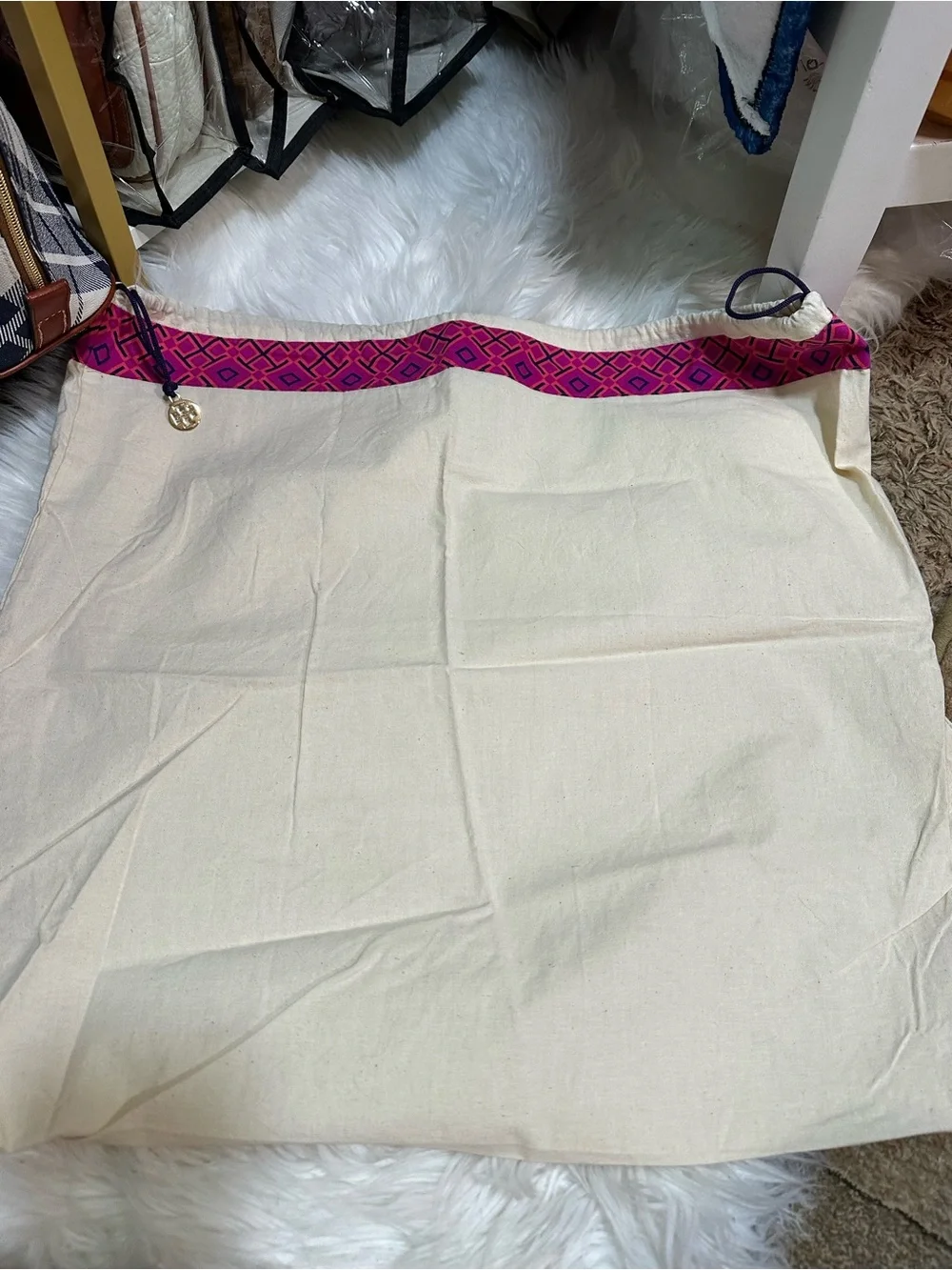 Tory Burch Cream Dust Bag with Pink Geometric Trim 21x20